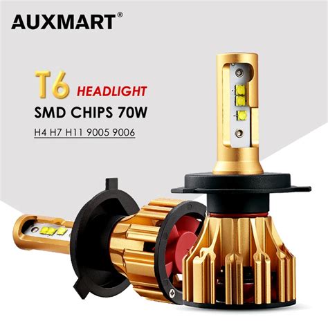 AUXMART Hi Lo Beam H4 LED Headlight Bulbs 6500K 70W T6 Series Led H7