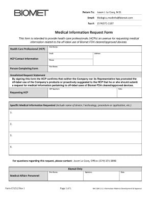 Fillable Online Medical Information Request Form Biomet Fax Email