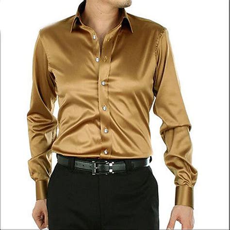 Gold Leisure Clothing Wedding Prom Emulation Silk Long Sleeve Shirts Men S Casual Shirt Shiny