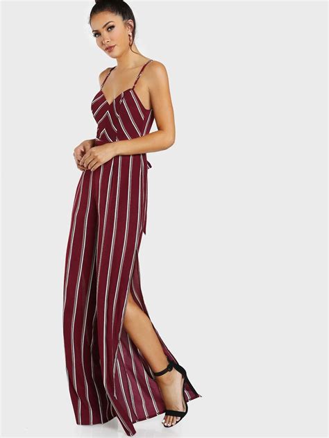 Stripe Print Spaghetti Strap Jumpsuit Wine Shein Sheinside