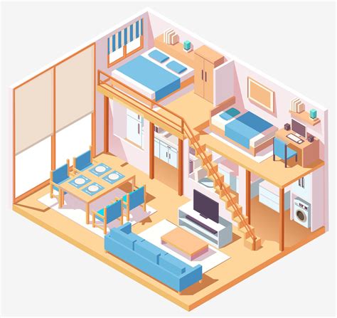 Two Story House Interior Isometric Composition Vector Art At