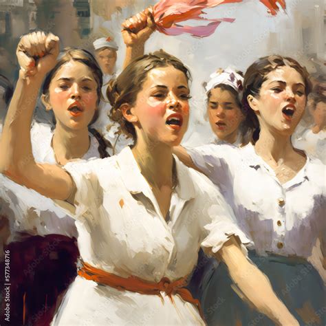 Vintage Painting Of Feminist Women In Power Pose With Raised Fists