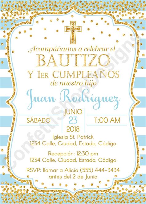 Español azul y oro bautismo y primera invitación de Etsy Christening