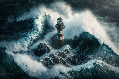 Waves hitting a lighthouse in opean sea rock illustration 23968641 ...