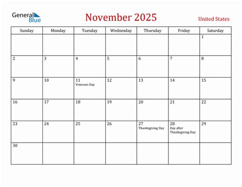 November Monthly Calendar With United States Holidays