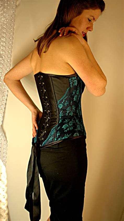 Black Satin And Turquoise Lace Corset Bound By Obsession