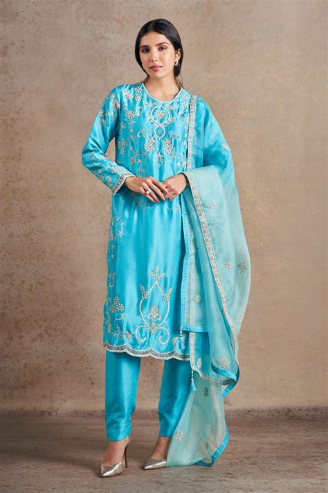 Buy Blue Kurta And Pant Pure Silk Embroidered Sequin Round Floral Set