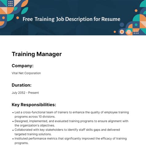 Free Training Job Description For Resume Template Edit Online