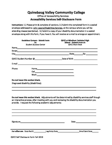 QVCC Self Disclosure Form CT State Quinebaug Valley Worksheets Library