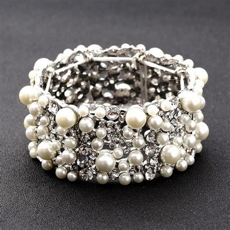 Ivory Pearl Rhinestone Bridal Bracelet Wide Elastic Wedding Wrist Band Bangle 2542529 Weddbook