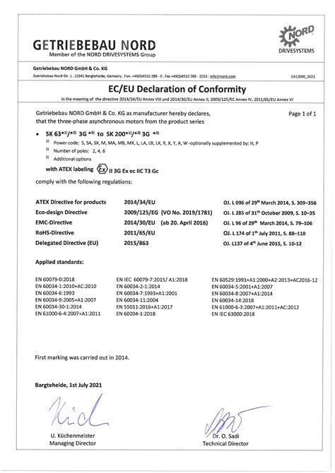 Declaration Of Conformity ATEX 3G NORD Motors Frame Size 63 200