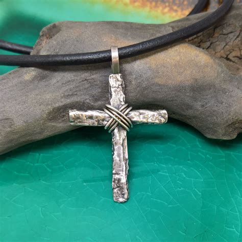 Mens Tree Bark Cross Mens Cross On Leather Cord Mens Cross Necklace