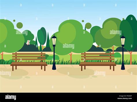 City Park Wooden Bench Street Lamp Green Lawn Trees Template Background