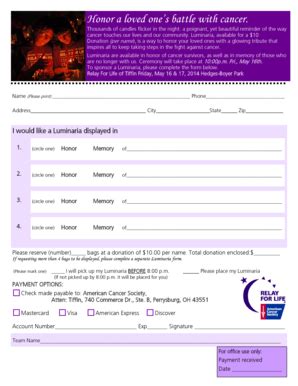 Fillable Online Tiffin Honor A Loved Ones Battle With Cancer Tiffin