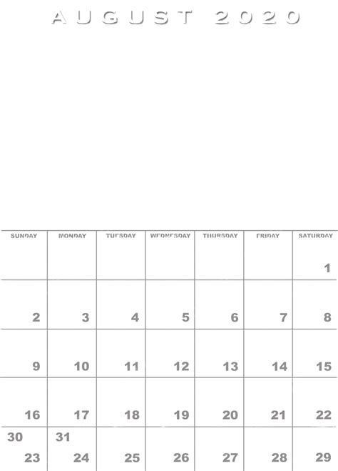 August 2020 Calendar Template Calendar, White, Background, Numbers PNG ...