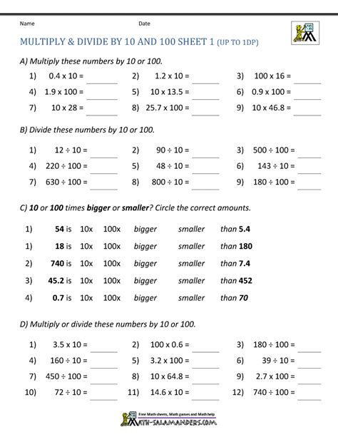 Dividing By 10 And 100 Worksheet Year 4