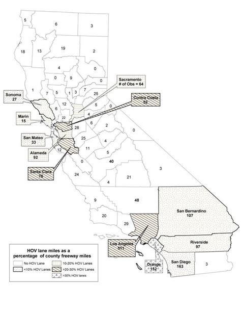 1 HOV lanes in California. Note: the number below the name of a county ...