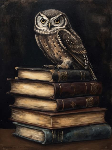 Premium Ai Image Painting Of A Owl Sitting On Top Of A Stack Of Books Generative Ai