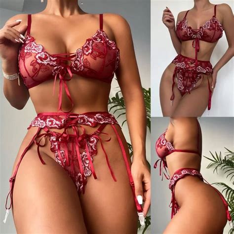 Femmes exquise maille Lingerie soutien gorge jarretière slips