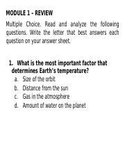 EARTH SCIENCE 1ST QUARTER REVIEWER Docx MODULE 1 REVIEW Multiple