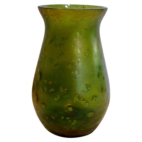 Bohemian Green 5 38” Art Glass Iridescent Vase W Mica Flakes C 1890 Glass Art Green