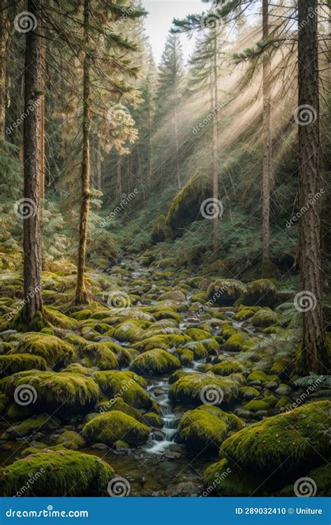 Wilderness Landscape Forest With Pine Trees And Moss On Rocks Stock