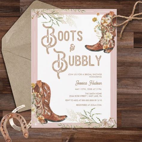 Watercolor Floral Boots Bubbly Bridal Shower Invitation Zazzle