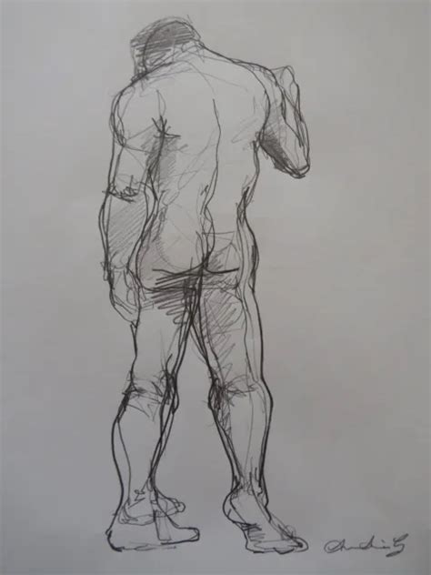 Original Standing Male Nude Expressive Pencil Drawing Sketch On Paper