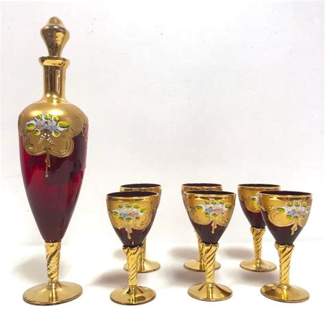 Ruby Red And 22 Karat Gold Italian Venetian Glass Goblet And Decanter Set 7 Pieces Chairish