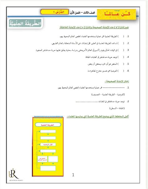 أسئلة امتحان الوحدة الأولى والثانية الصف الثالث علوم الفصل الأول