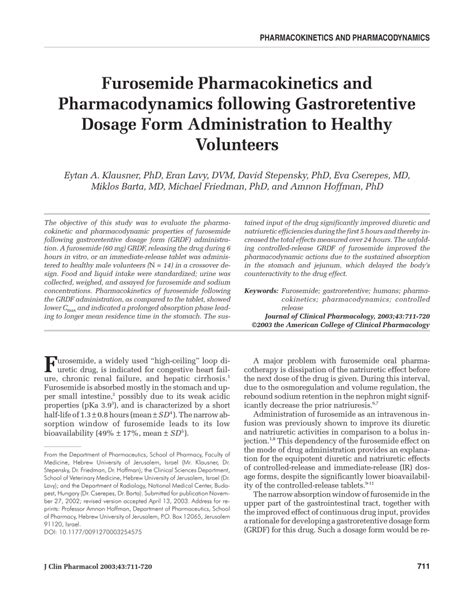 Pdf Furosemide Pharmacokinetics And Pharmacodynamics Following