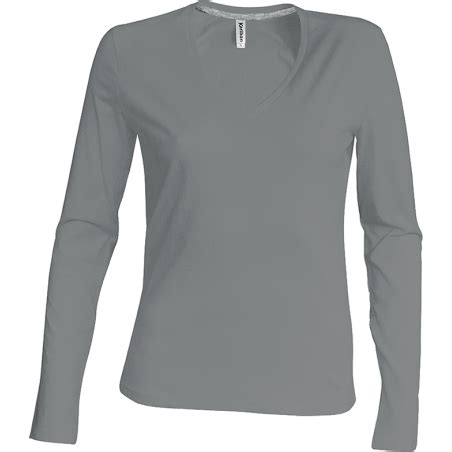 Tshirt Femme Col V Manches Flocage Longues Coton Gris