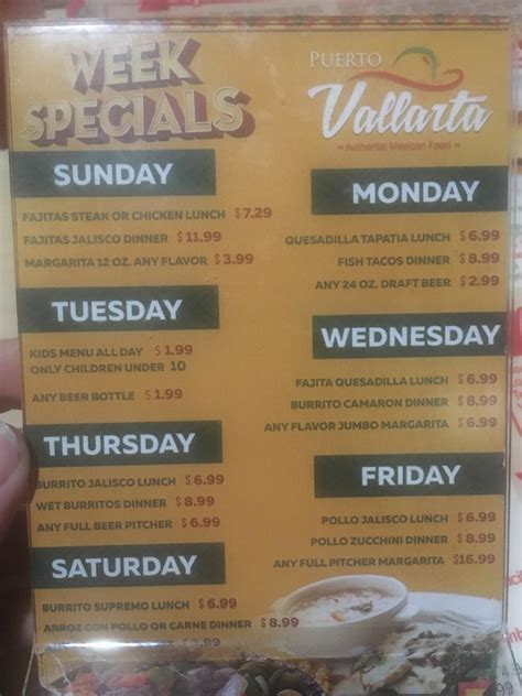 Menu at Puerto Vallarta restaurant, Pataskala, 100 Emswiler Way