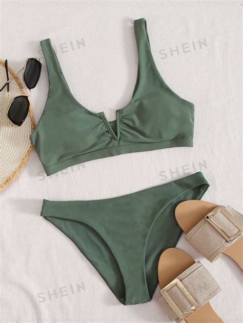 Shein Swim Summer Beach Solid Bikini Set V Wired Bra Bikini Bottom