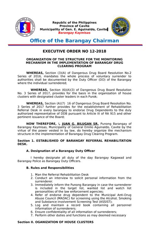 EO NR 12 Organization OF THE Implementation OF Barangay DRUG