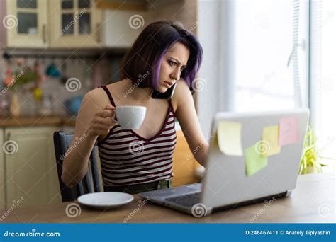 Beautiful Young Brunette Girl In The Kitchen At Home Stock Image Image Of House Computer