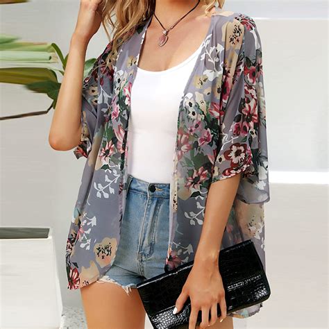 UMfun Women S Floral Print Puff Sleeve Kimono Cardigan Loose Chiffon