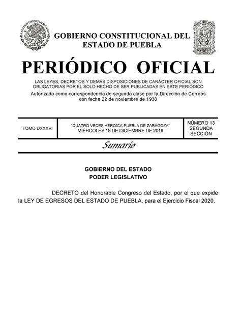 LEY DE Egresos DEL Estado DE Puebla 2020 GOBIERNO CONSTITUCIONAL DEL