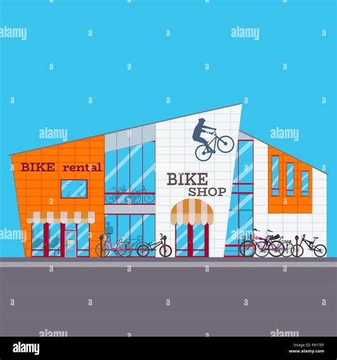 Ilustración vectorial de alquiler de bicicletas y la tienda de