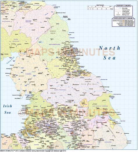 Digital Vector North England County Map 1m Scale With Shaded Relief In