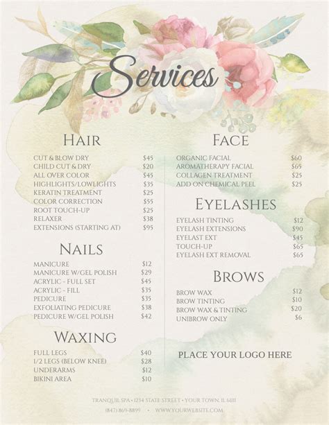 Spa Menu Salon Menu Custom Menu Diy Services Price List Etsy Salon