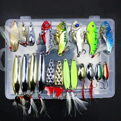 21Pcs Box Metal Spoon Lures Fishing Lure Set Vib Spinner Bait Treble