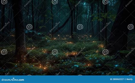 Fireflies in night forest stock illustration. Illustration of golden ...