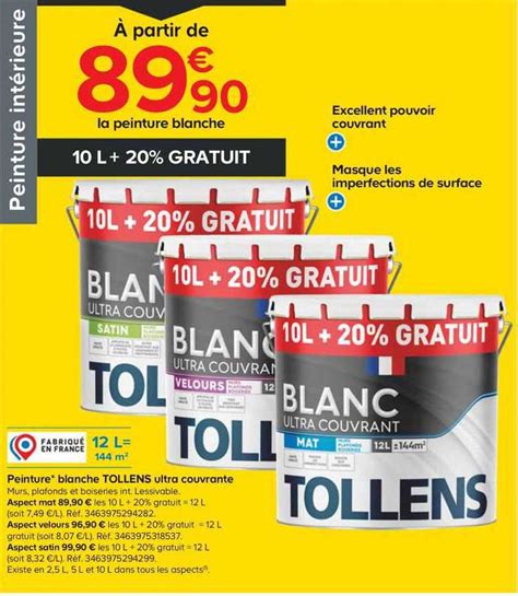 Promo Peinture Blanche Tollens Ultra Couvrante Chez Castorama