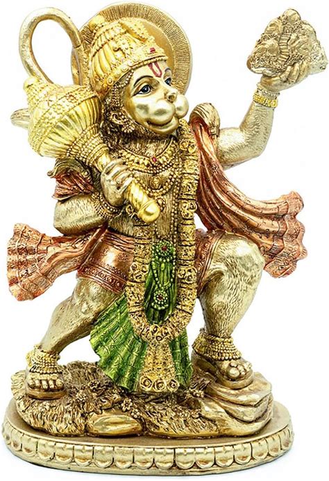 Hindu God Flying Hanuman Statue Indian Lord Gold Finish Flying