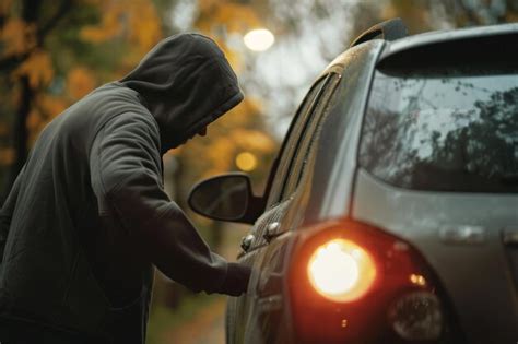 Premium Photo Thief Wearing A Hoodie And Dark Clothes Breaking Into A Parked Car To Steal It