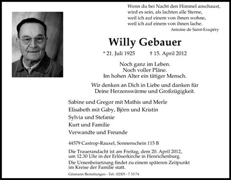 Traueranzeigen Von Willy Gebauer Trauer In Nrw De