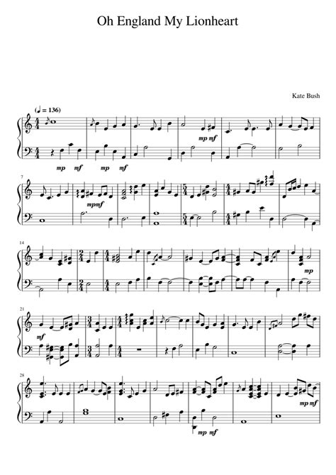 Oh England My Lionheart Kate Bush Sheet Music For Piano Solo