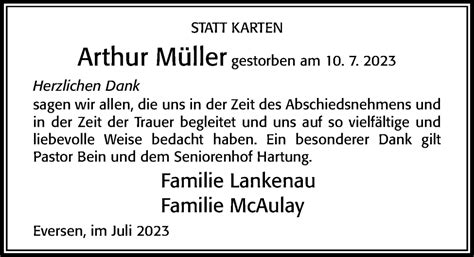 Traueranzeigen von Arthur Müller Trauerportal der Celleschen Zeitung