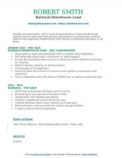 bar back resume Barback resume sample [+job description] # ...